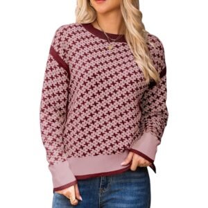 Women’s Cozy Jacquard Knit Sweater – Long Sleeve Crewneck Pullover for Fall & Winter